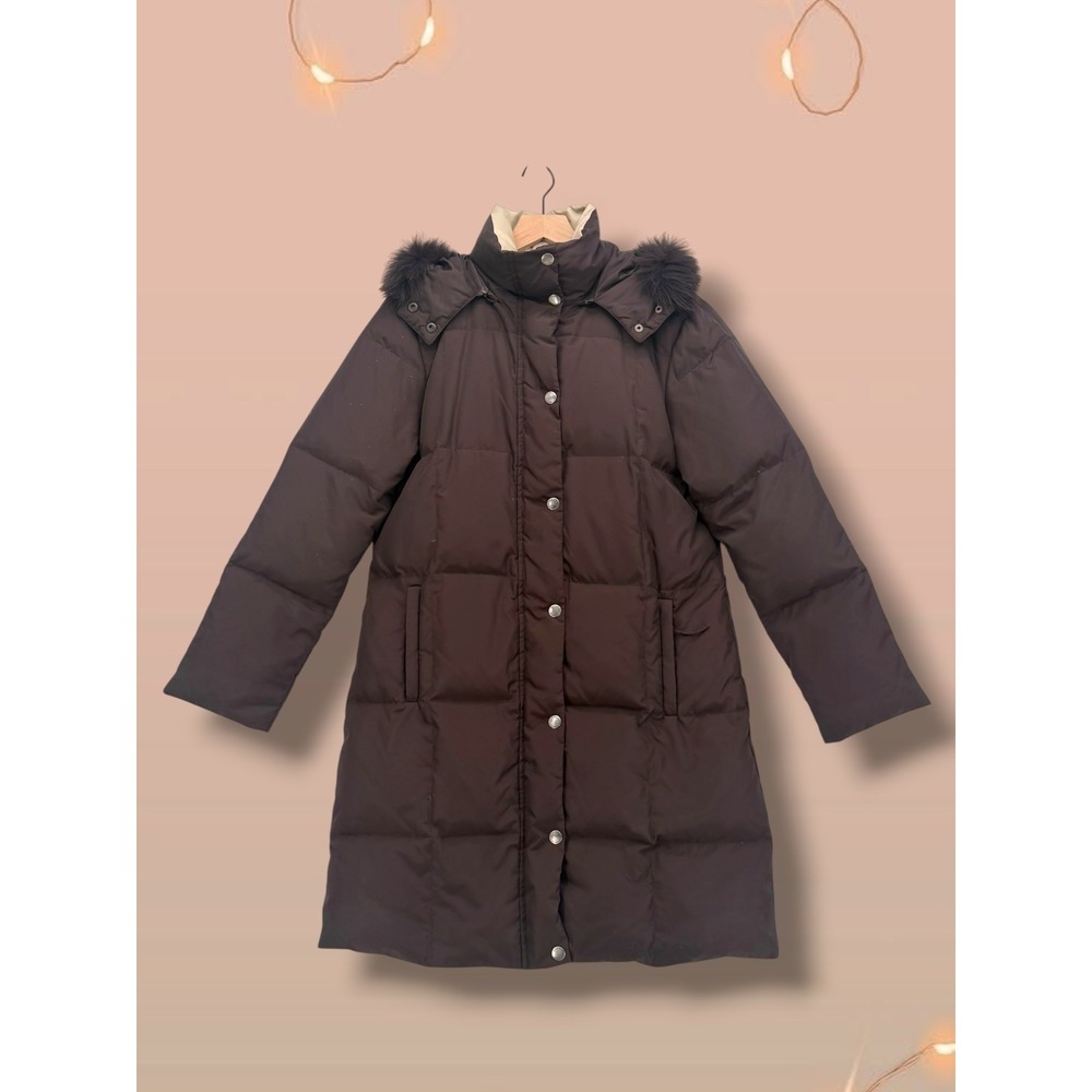 Dana Buchman Fur Trim Hooded Long Quilted Puffer Coat Brown Size L